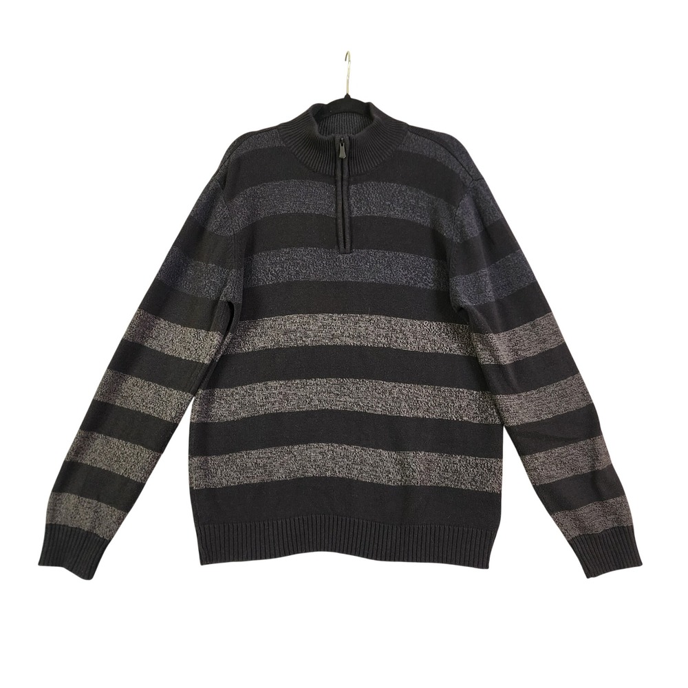 Denver Hayes Mens Quarter Zip Sweater Size XL Black‎ Grey Striped Cotton Blend